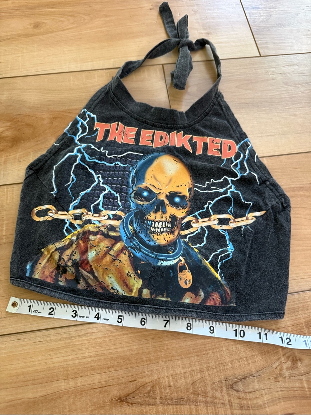 Edikted Black Graphic Halter Crop Top with Multi-Color Skull Print